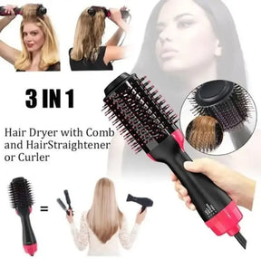 Electric 3 in 1 Hot Air Brush – Hair Dryer, Straightener & Curler Brush (Ceramic Coated)